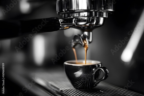 Close-up of fresh espresso shot pouring into ceramic cup from professional coffee machine in modern setting