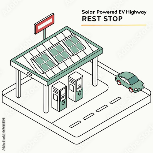 Modern solar powered electric vehicle charging station rest stop on a highway with a car