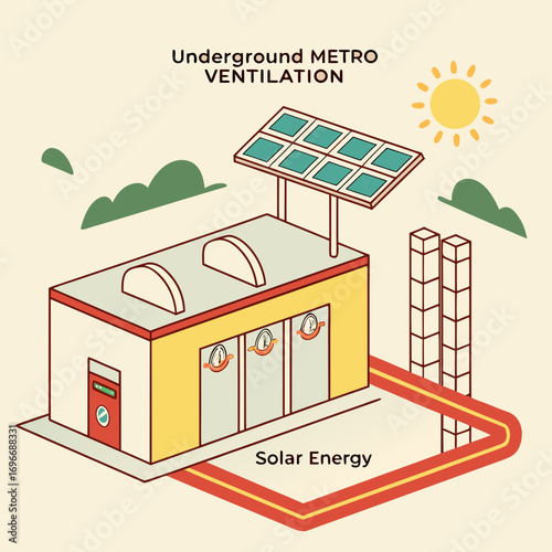 Modern underground metro ventilation building powered by solar energy with clean green clouds and a bright sun