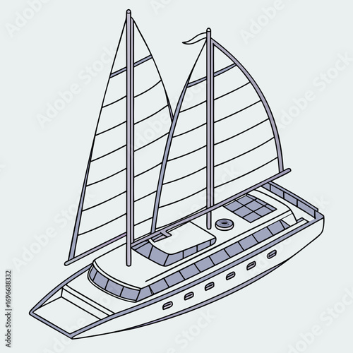 Modern two masted sailing yacht with sleek white hull and purple accents on a light blue background