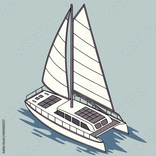 Modern white catamaran sailboat with full sails gliding smoothly on calm blue water with reflections