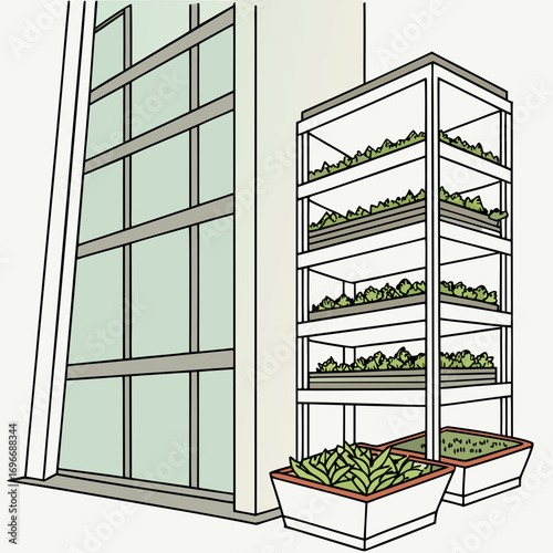 Modern vertical farm with tiered shelves growing leafy greens next to a contemporary building with large windows
