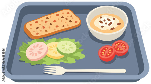 Food vector illustration of a tray with bread, soup, fresh vegetables, and salad in flat minimal style, perfect for nutrition, health, cafeteria meals, diet, and cooking design projects