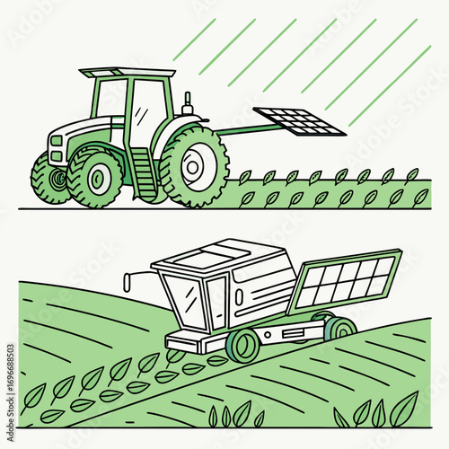 Sustainable agriculture with solar powered tractor and combine harvester working in a green field
