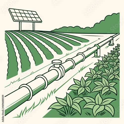 Sustainable agriculture with solar powered irrigation system watering crops in a field
