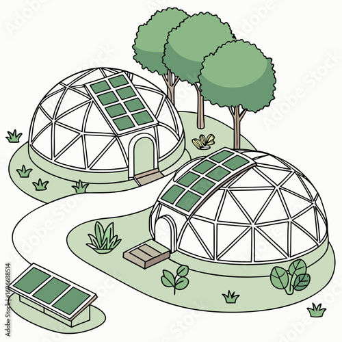 Sustainable geodesic dome homes with solar panels nestled in a green landscape with trees and plants