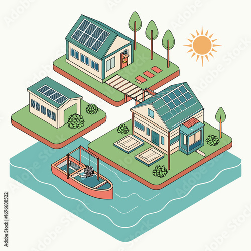 Sustainable living with solar powered homes and a boat generating clean energy from the water