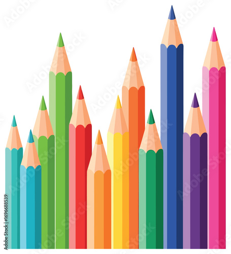 Pencils vector illustration of colorful drawing tools in flat minimal style arranged in vertical composition perfect for education school art creativity design learning and stationery concepts