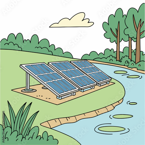 Three solar panels are installed on a grassy hill next to a calm river with trees in the background