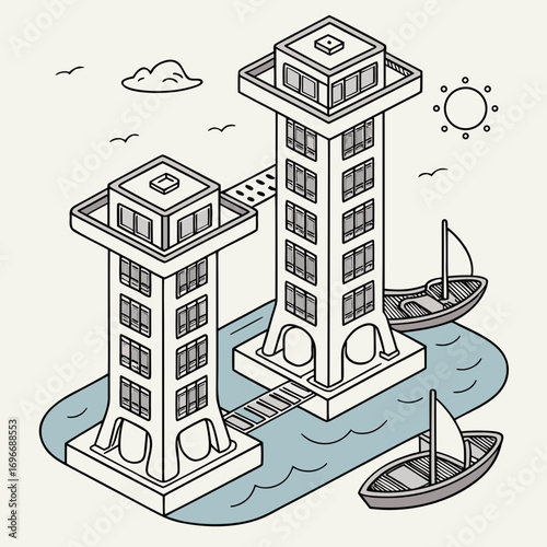 Two modern connected towers rising from the water with boats sailing nearby under a sunny sky