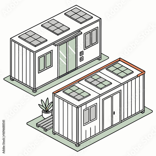 Two modern modular homes with solar panels on the roof offering sustainable living solutions