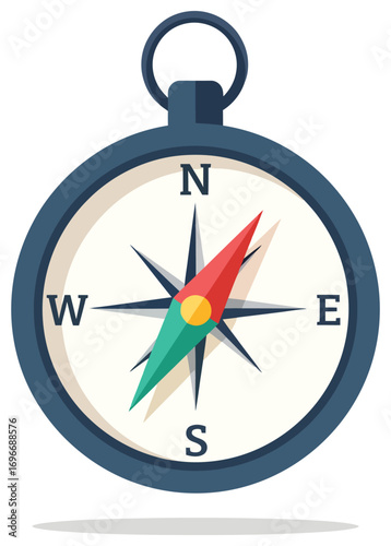 Compass vector illustration of a navigation instrument with red and green needle pointing directions in flat minimal style perfect for travel outdoor adventure exploration orientation and geography