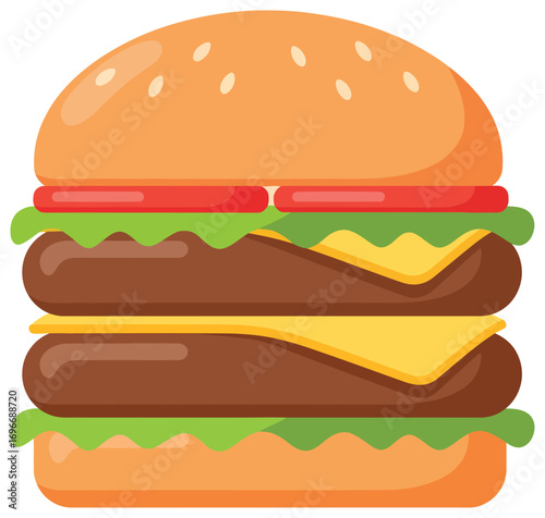 Burger vector illustration of a double cheeseburger with beef patties lettuce tomato and cheese in flat minimal style perfect for food fast meal snack lunch dinner picnic and culinary design projects