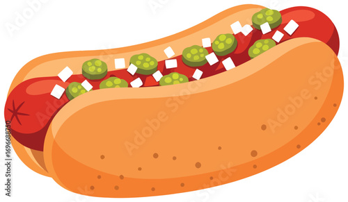 Hot dog vector illustration of a sandwich with sausage ketchup pickles and onions in flat minimal style perfect for food fast meal snack lunch dinner picnic street food and culinary design projects