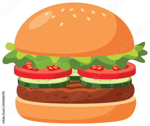 Burger vector illustration of a sandwich with beef patty lettuce tomato and cucumber in flat minimal style perfect for food fast meal snack lunch dinner picnic street food and culinary design projects