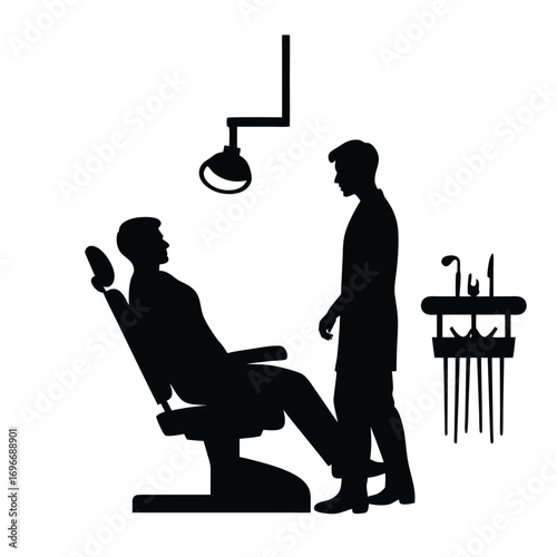 Dentist and patient silhouette in dental chair with equipment Keywords: dentist, dental, patient