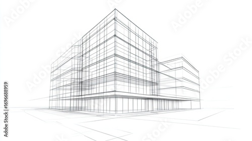 Modern building wireframe blueprint on white