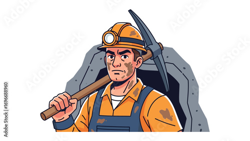 Mining Hero: A determined miner with a sturdy pickaxe, exits the dark tunnel, ready to face his next challenges. this image highlights resilience, skill, and perseverance.