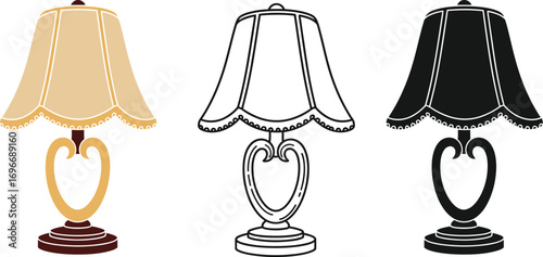 Vintage table lamp in three styles: color, outline, and silhouette
