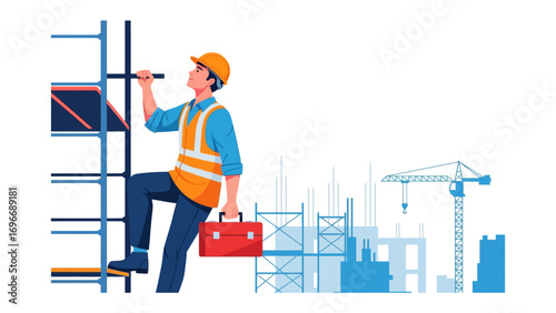 Construction Worker at Work: A construction worker diligently ascends a ladder, hardhat and tools in hand, against the backdrop of a modern construction site, symbolizing progress and hard work.