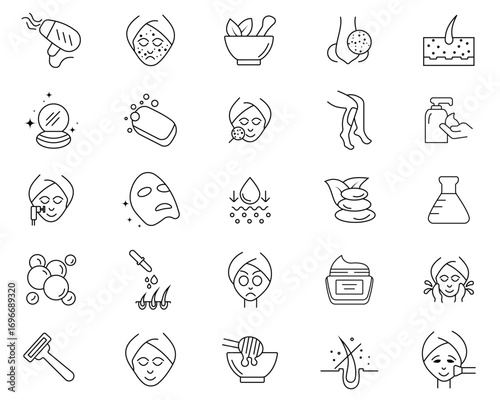  sunscreen vector illustration. Outline signs for skincare products property. Skin care editable stroke outline icons set isolated on white background flat vector illustration.