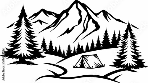Mountain Landscape with Tent and Trees