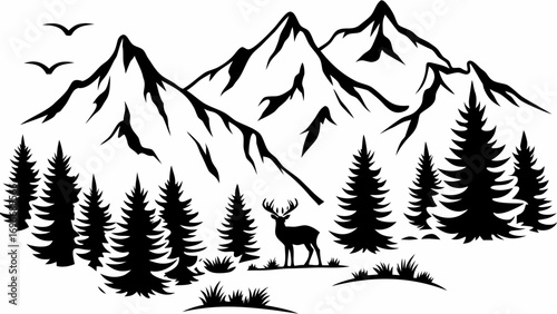 Majestic mountain silhouette with a lone deer and soaring birds creates a serene wild nature scene