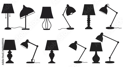 various lamp designs shown in black and white silhouette