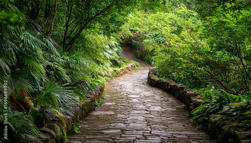 Obraz premium secluded stone pathway a journey through lush green foliage