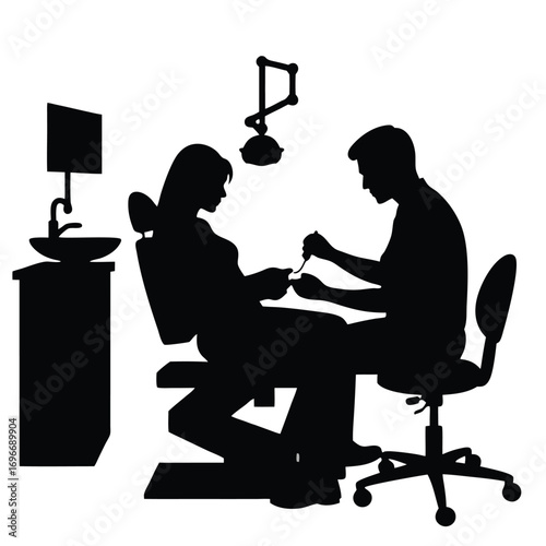 Dentist silhouette with patient and sink Keywords: dentist, dental, dentistry, doctor, patient