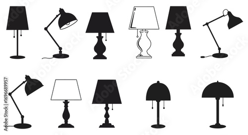 various lamp designs shown in black and white silhouette