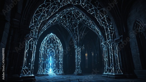Glowing Crystal Structure in Dark Gothic Arch