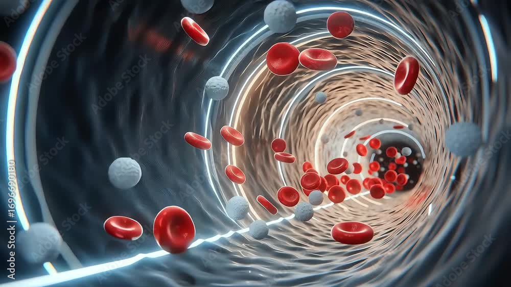 Visualization of blood and immune cell movement within blood vessels, medical, health, cell highlighting