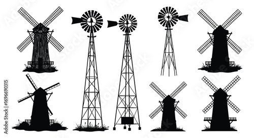 various windmills designs captured in black and white silhouette