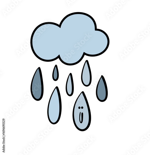 Doodle cloud in the sky. Vector illustration of heavy rain, drops falling with a human face. Funny cartoon character water.