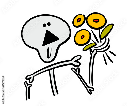 Cartoon very cute skeleton with a bouquet of flowers came on a date with a gift. Vector illustration of a Halloween greeting from stickman in a skull and bones costume.