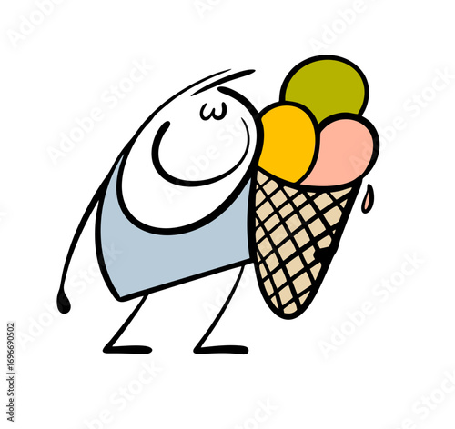 Cartoon happy stickman clutches a large waffle cone with ice cream balls. Vector illustration of a sweet dessert for a child.