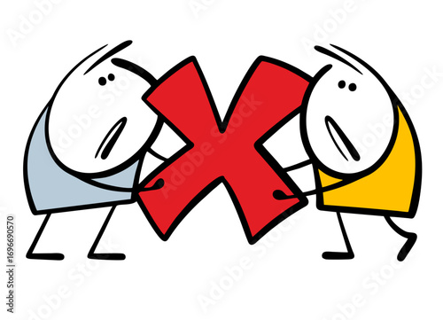Two cartoon stickman holding a sign of refusal or protest. Vector illustration of disagreement, a group of people demonstrating a cross.