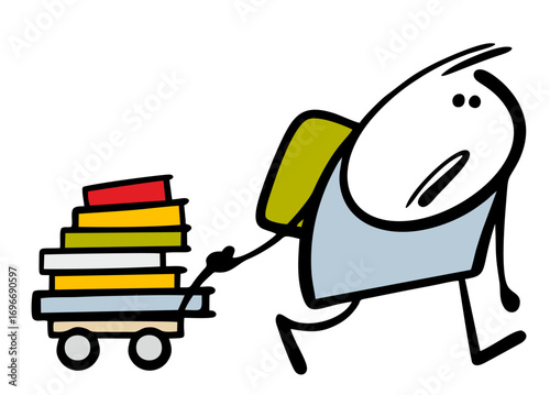 Cartoon sad schoolboy carries a heavy cart with textbooks from school. Vector illustration a child suffers from studying, carries a load of knowledge.