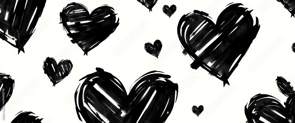 Seamless black ink brushstroke heart pattern; perfect for Valentine's, gothic, or edgy designs,  graphic,  element