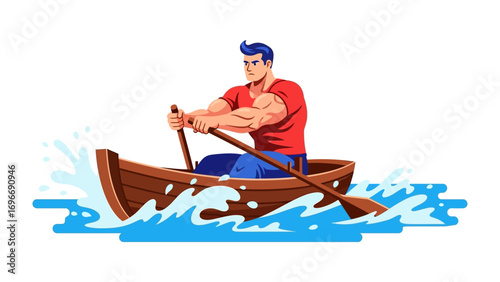 Rowing on Water: A muscular figure navigates a wooden boat, propelled by oars. The image is a blend of athleticism and the serenity of water, offering a dynamic illustration of human effort.