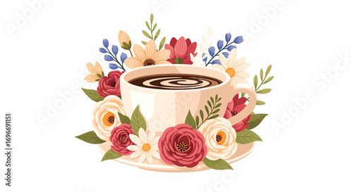 An elegant coffee cup surrounded by a beautiful floral bouquet illustration. Isolated vector design perfect for cafe menus, invitations, or decor