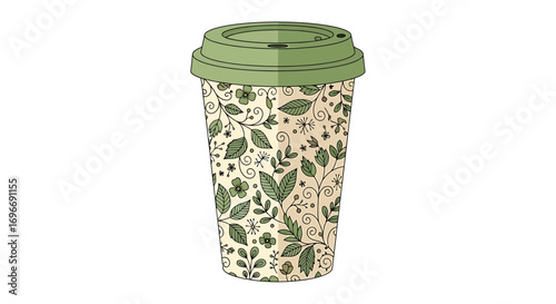 Eco-friendly reusable coffee cup with a green lid and a delicate botanical pattern of leaves and flowers. Sustainable living concept for zero waste