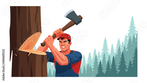 Lumberjack chopping a Tree: A strong lumberjack in a red hat forcefully swings an axe at a tree trunk. with evergreen trees and forest behind him. It's a testament to manual labor and industry.