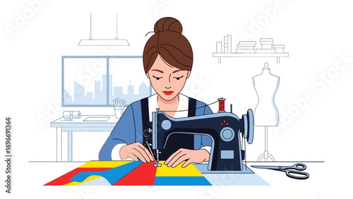 Crafting Dreams: A skilled artisan meticulously sews vibrant fabrics, bringing creative visions to life. A scene of focus and artistic craftsmanship.
