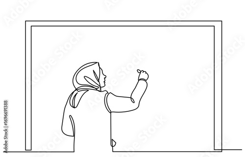 continuous line drawing of a hijab woman,teacher,trainer,mentor, and writing on board.young female teacher giving a lesson in the class.vector illustration.