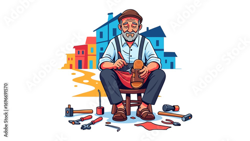 Artisan's Craft: A skilled artisan meticulously crafts a leather shoe, seated amidst his tools in a sunlit workshop, the vibrant backdrop of a picturesque village setting enhances the scene.
