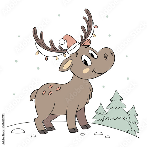 Cartoon reindeer in christmas hat with fairy lights on antlers standing in snowy forest, ideal for holiday greeting cards or festive winter season vector design elements