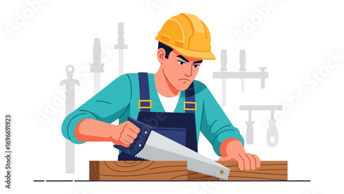 Craftsman at Work: A skilled craftsman meticulously sawing a piece of wood with precision and focus, showcasing the art of woodworking and manual labor.