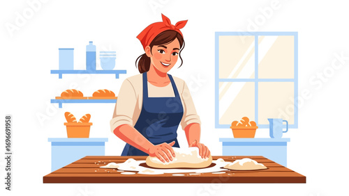 Home Baker at Work: A warm illustration captures a woman expertly kneading dough, crafting the culinary essence of a homemade loaf within the inviting atmosphere of her cozy kitchen.